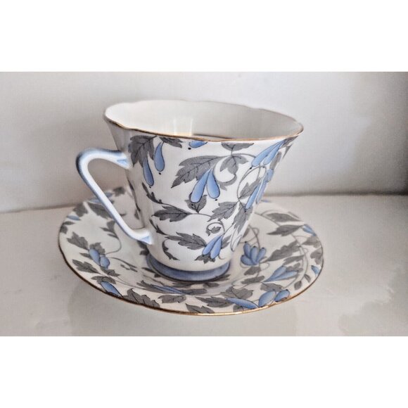 Royal Grafton Bone China Teacup & Saucer – Floral - Blue Flowers, Grey Leaves - Picture 3 of 8